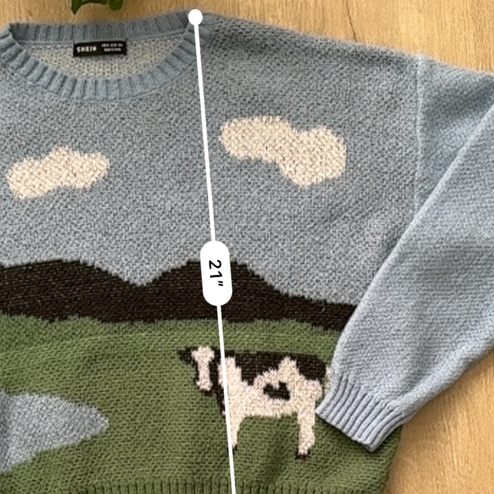 Blue Color Block Cow Pattern Drop Shoulder Sweater - Picture 6 of 7